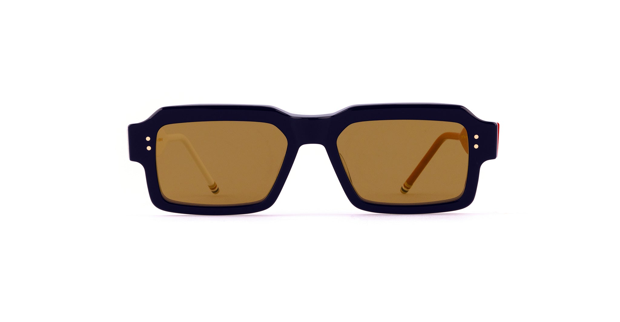 A pair of rectangular sunglasses with thick, dark frames and brown-tinted lenses, shown from the front on a white background.