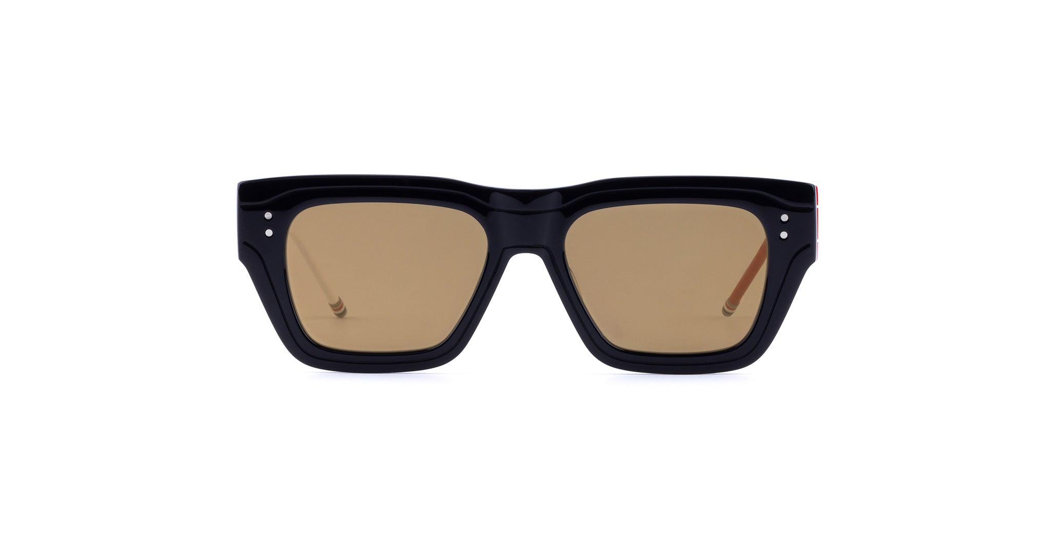 A pair of rectangular, black-framed Thom Browne sunglasses with brown-tinted lenses, shown from the front.