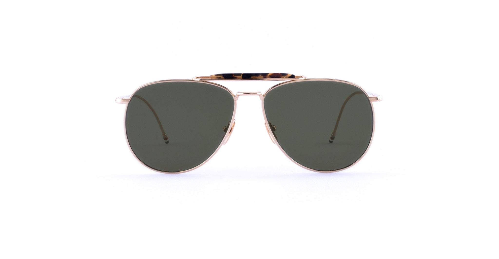 Gold-framed aviator sunglasses with dark green lenses and a brown tortoiseshell bridge, displayed against a white background.