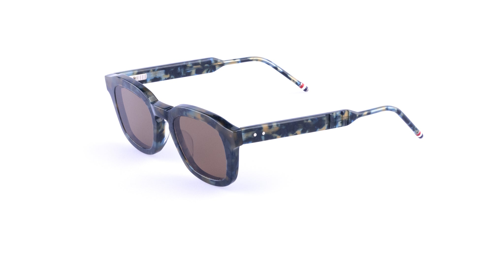 Thom Browne 412 rectangular sunglasses in blue and gray with UV-protective brown lenses, front view.