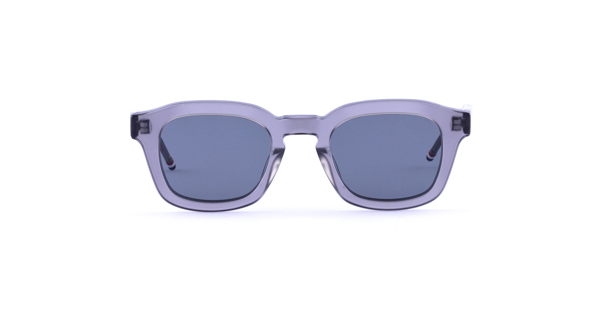 Thom Browne 412 rectangular gray-framed sunglasses with dark tinted lenses, front view.