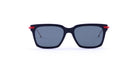 Thom Browne 701 black square sunglasses with dark UV lenses and red accents, front-facing view.