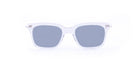 Front view of Thom Browne 701 sunglasses featuring blue-tinted lenses and clear frames.
