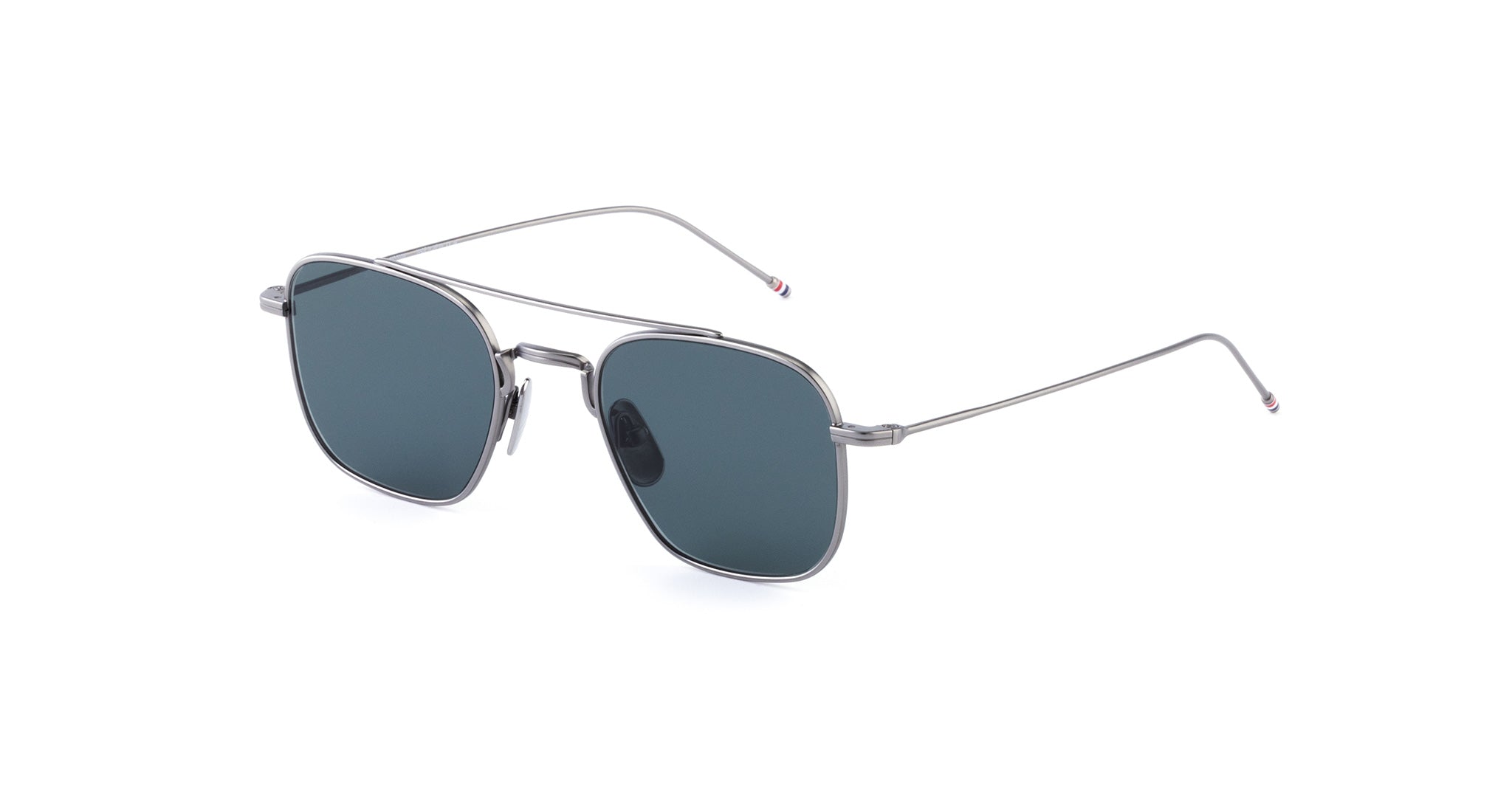 Thom Browne 907 sunglasses, silver frame, dark square lenses, thin metal arms, front angle view.