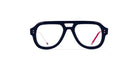 Thom Browne 925 eyeglasses, black aviator frames with gold accents and red-white temples, front view.