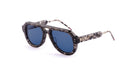 Thom Browne 925 sunglasses, gray tortoiseshell frame, blue lenses, striped tips. Unisex eyewear by Thom Browne. Front view.