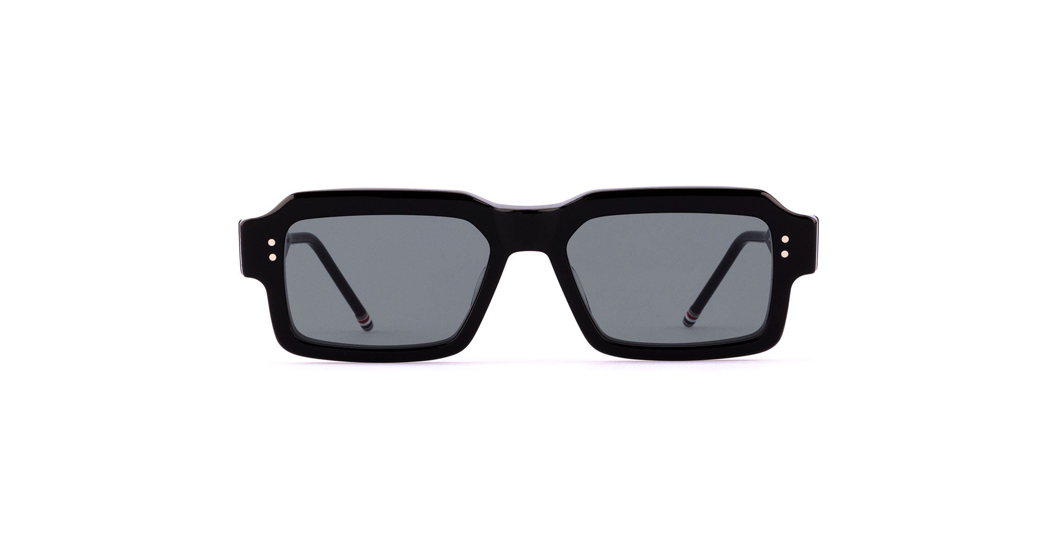 Front view of Thom Browne 924 Rectangular Sunglasses in Black, featuring thick frames and dark lenses, set against a white background.