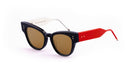 Thom Browne 925 sunglasses, black frames, brown lenses, red temples. Side view. Eyewear by Thom Browne.