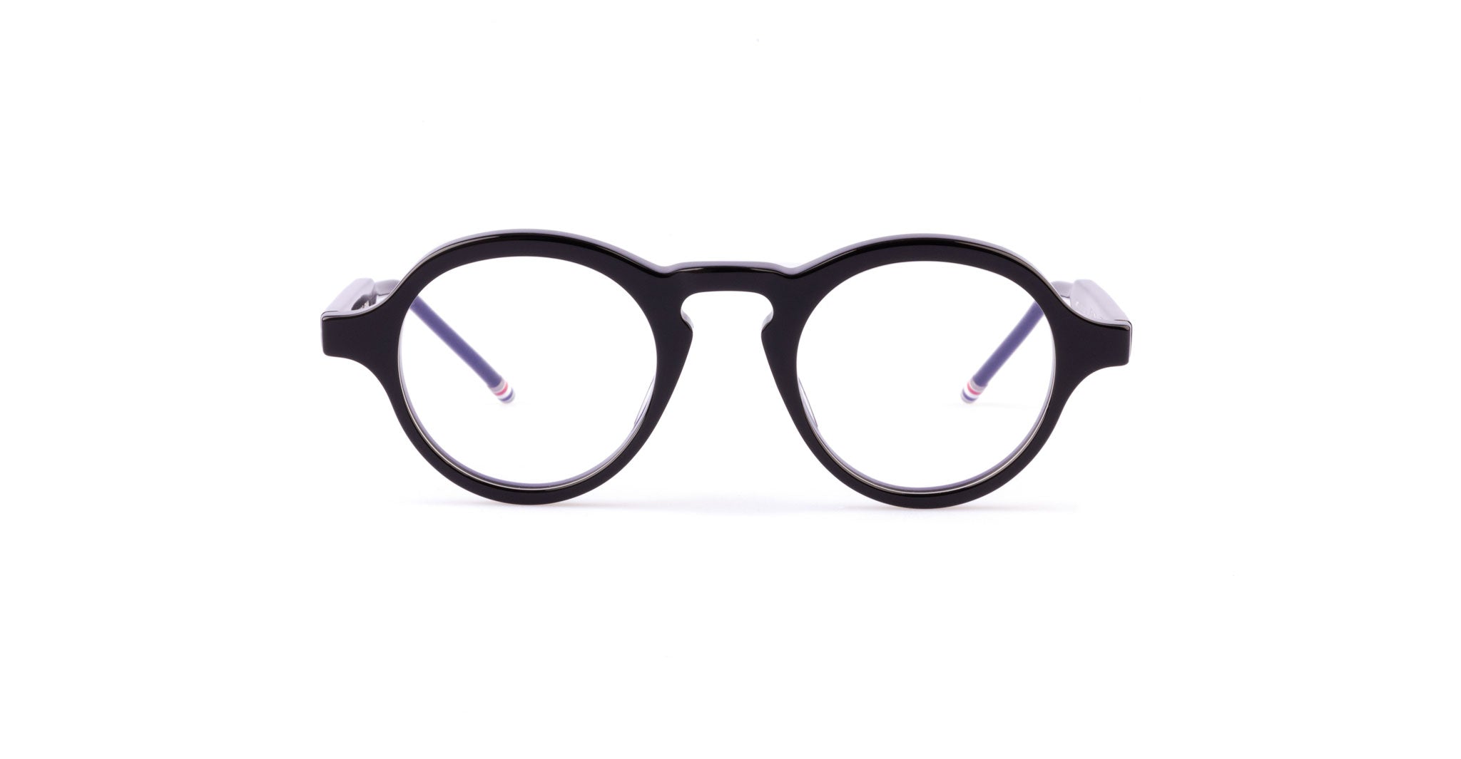 The Thom Browne 926 features round, black frames with clear lenses, shown facing forward on a white background.