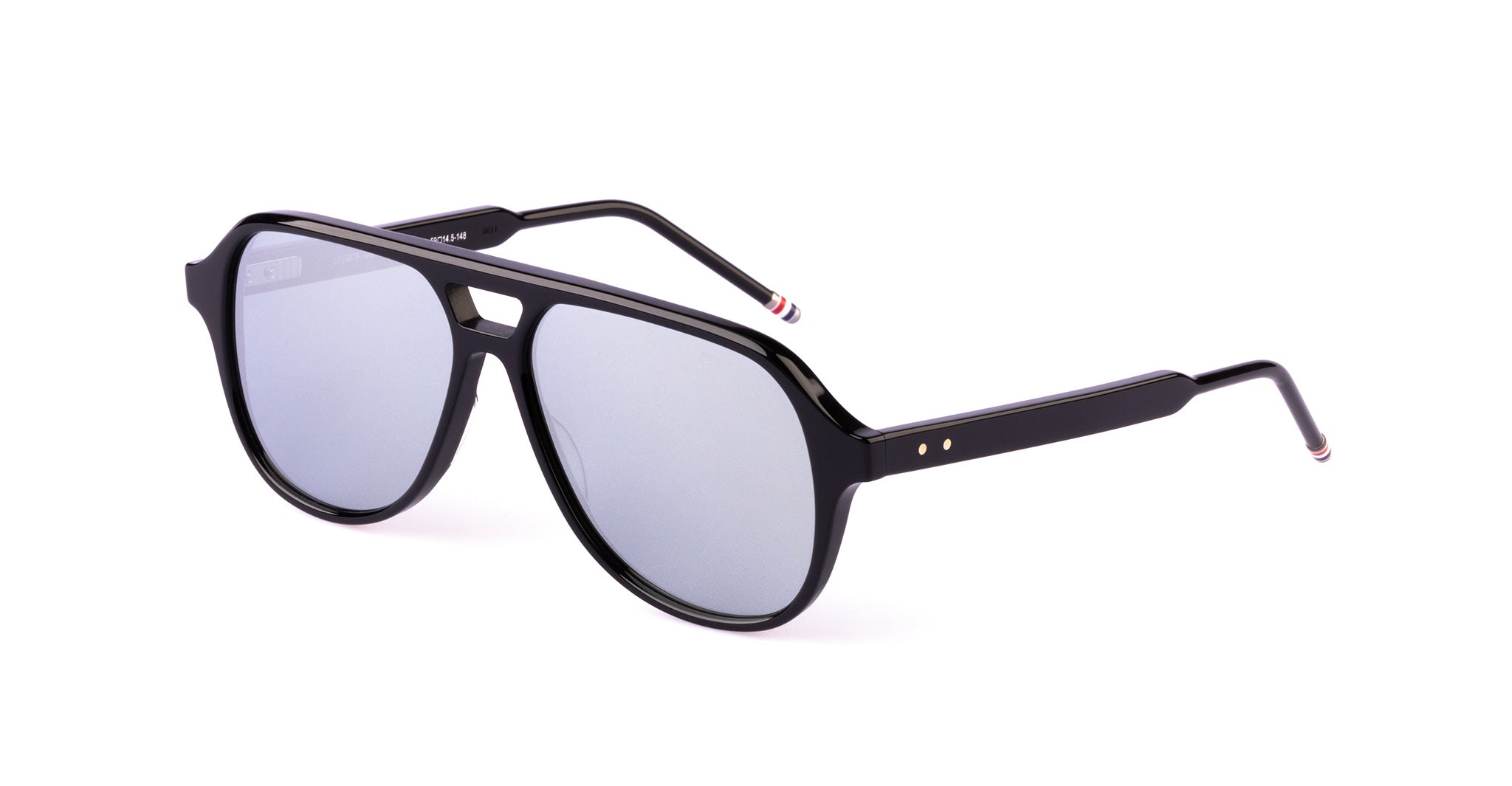 A pair of black aviator-style Thom Browne sunglasses with reflective gray lenses and a double bridge, set against a white background. The temples have small red, white, and blue striped details near the tips.