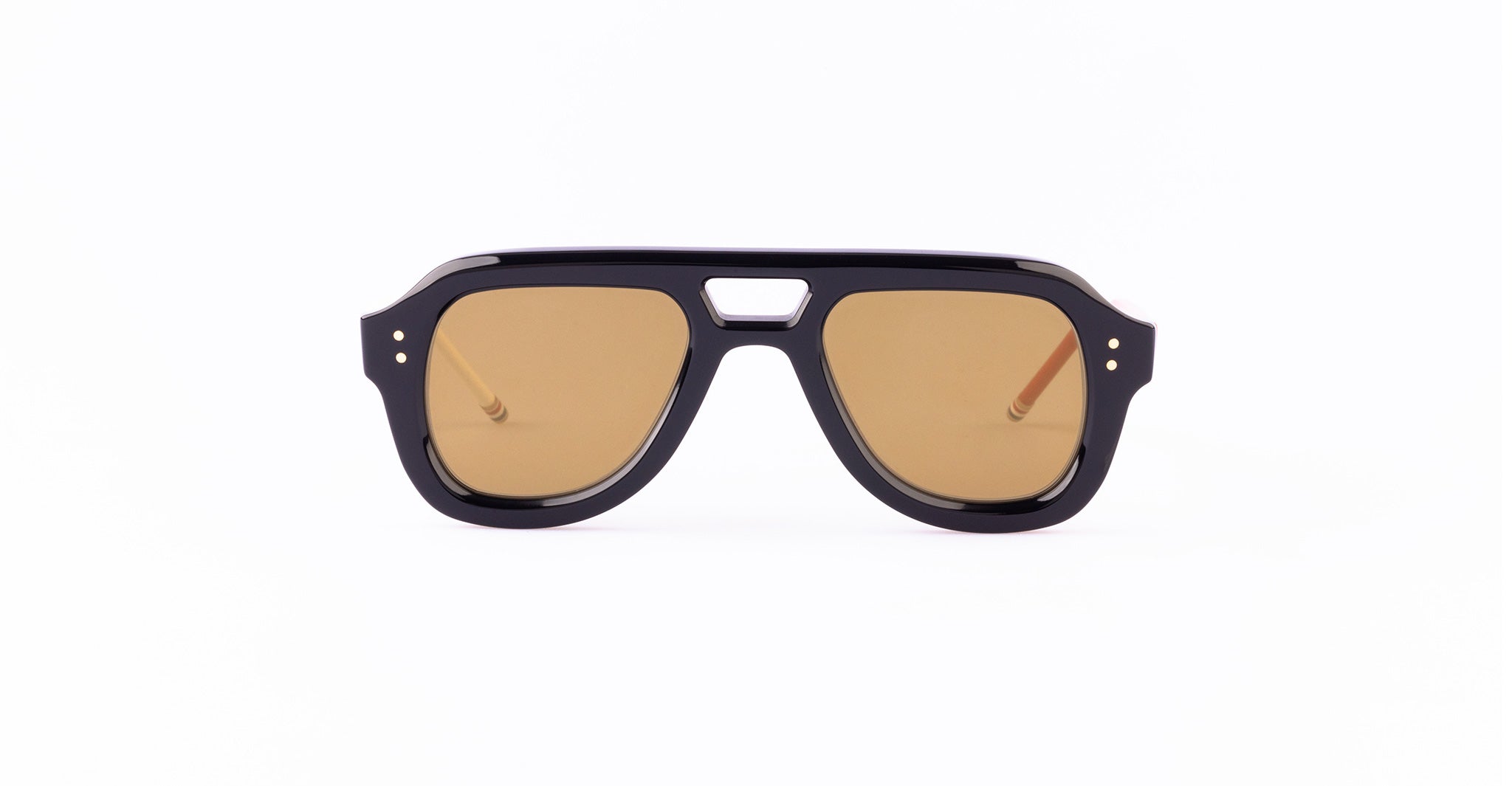 Sunglasses with a thick black frame, rectangular brown-tinted lenses, and a small cutout above the nose bridge, displayed on a white background.