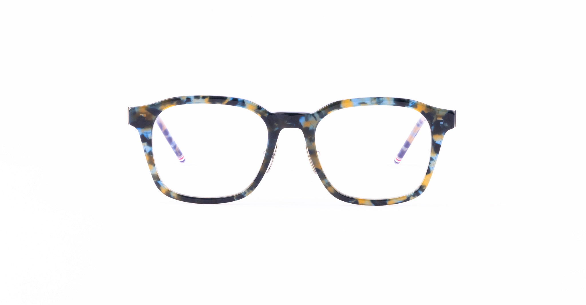 Thom Browne 934 rectangular eyeglasses in blue and yellow tortoiseshell with clear lenses, front view.