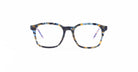 Thom Browne 934 rectangular eyeglasses in blue and yellow tortoiseshell with clear lenses, front view.