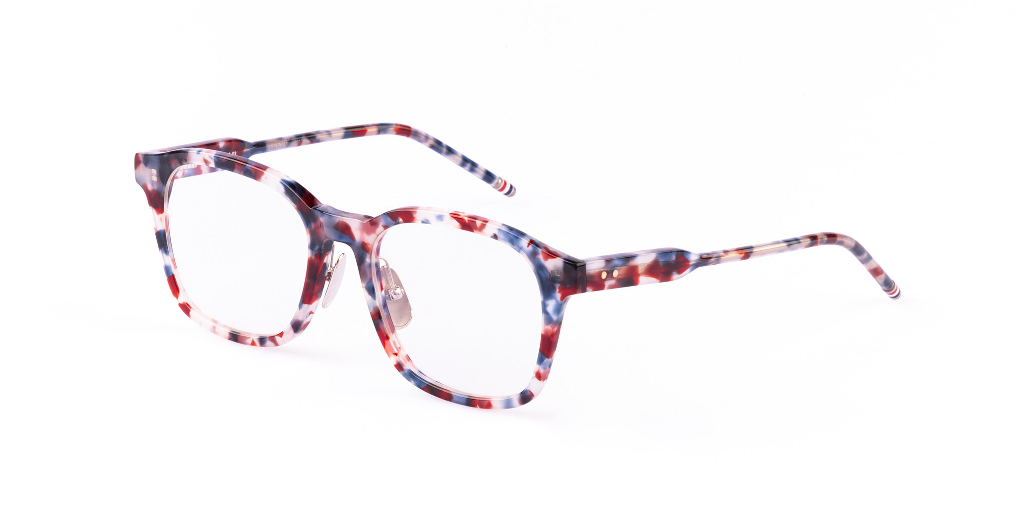 Thom Browne 934 square eyeglasses in red, blue, and white tortoiseshell, front view.