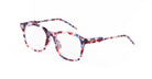 Thom Browne 934 square eyeglasses in red, blue, and white tortoiseshell, front view.