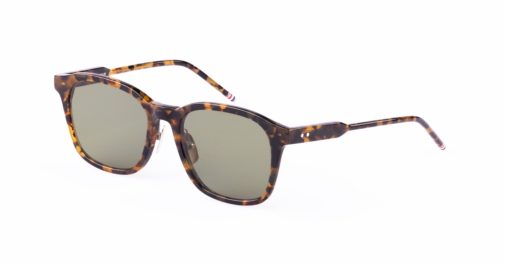 Thom Browne 934 tortoiseshell square sunglasses with dark lenses, front view.