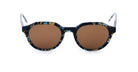 Shield-shaped Thom Browne Sunglasses with brown lenses and a multicolored tortoiseshell frame, featuring blue, yellow, and black speckles.