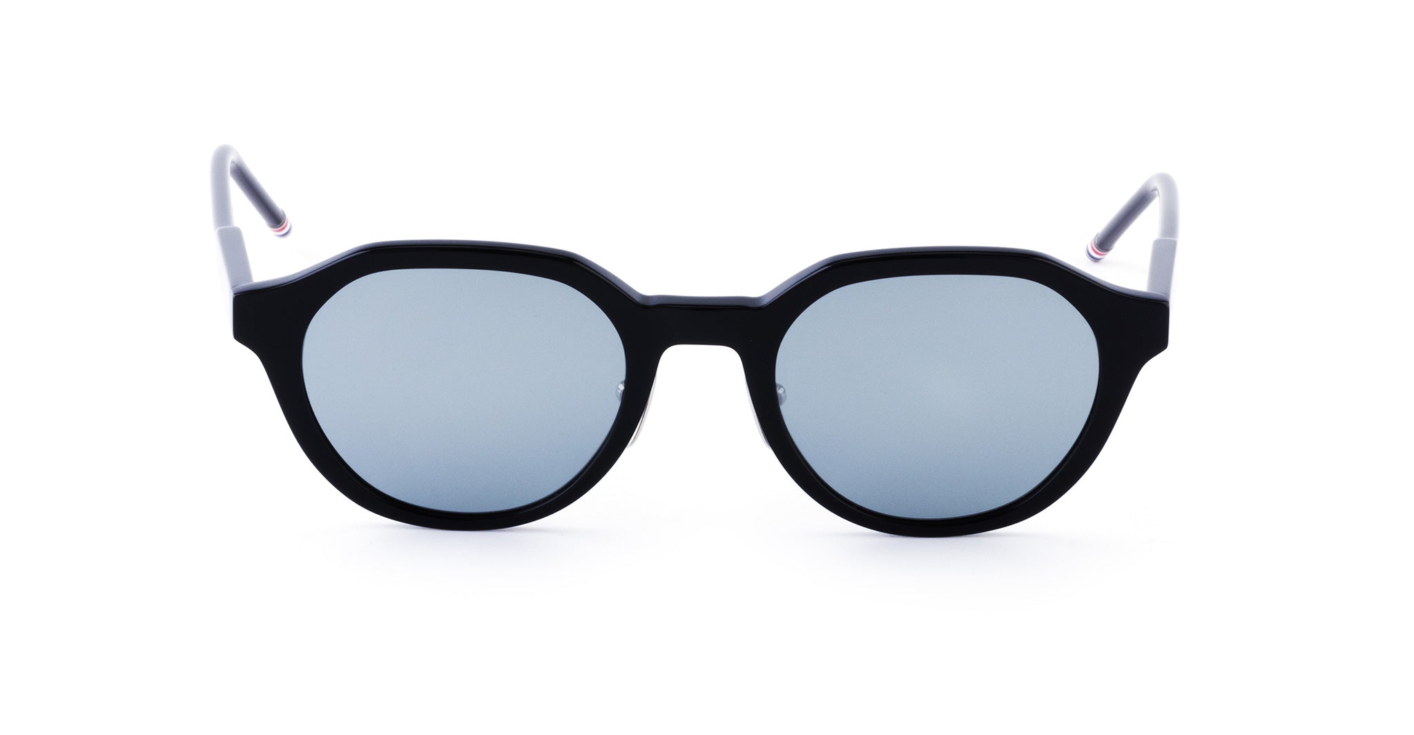 A pair of round, black Thom Browne Sunglasses with silver reflective lenses.