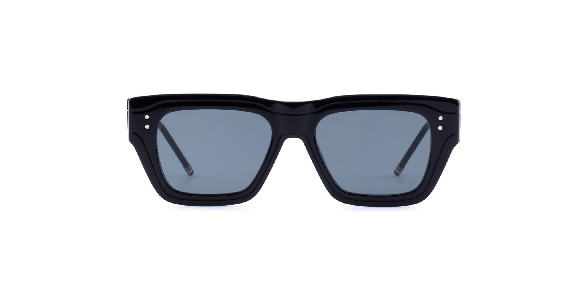 Front view of Thom Browne 947 sunglasses, black rectangular frames with dark UV lenses.