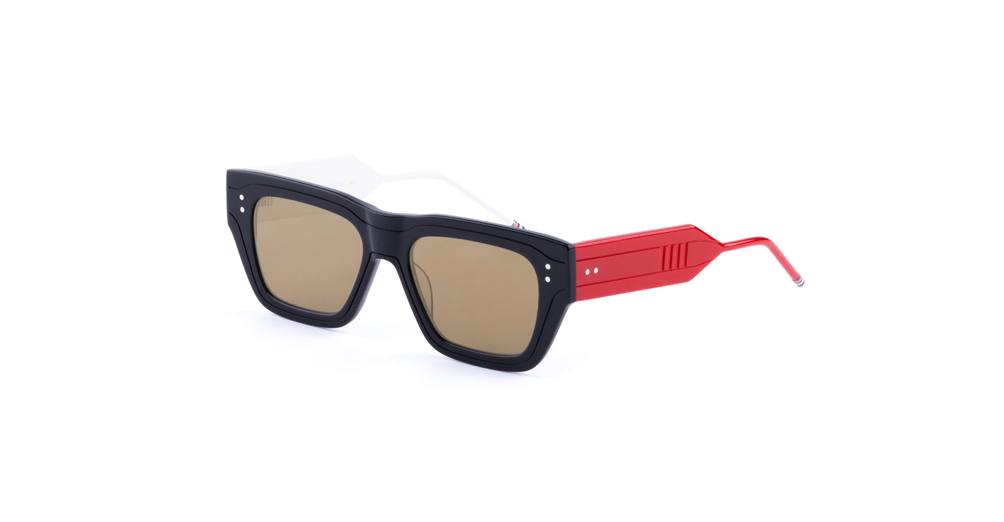 Thom Browne 947 square sunglasses with dark blue frames, brown lenses, and red temples. Side view shows brand logo on temples.