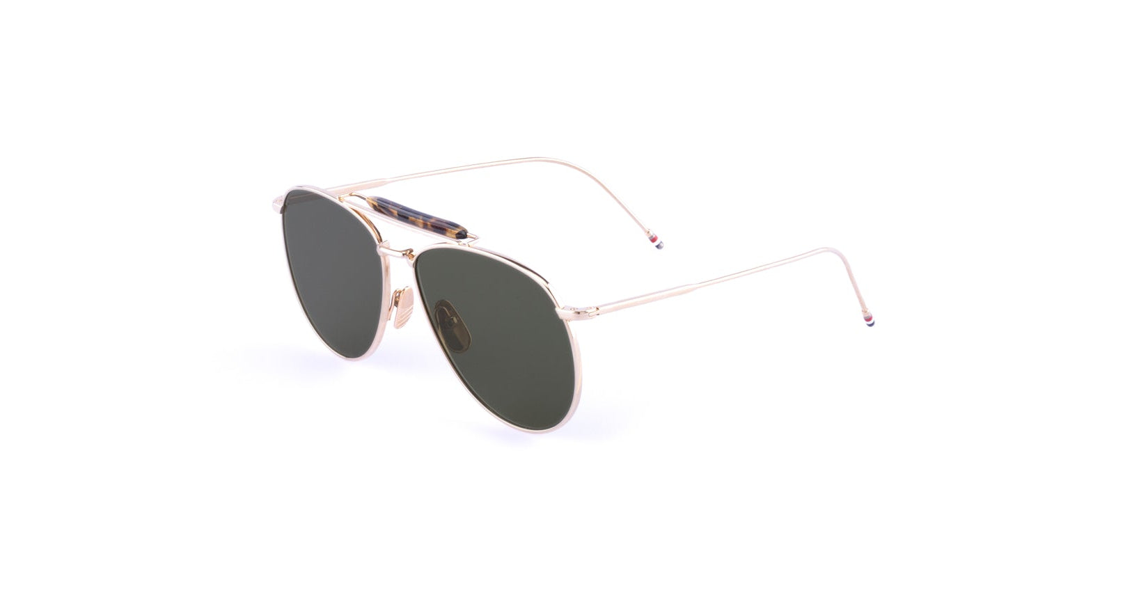 Thom Browne 015 aviator sunglasses with dark lenses and thin metallic frames, front view.