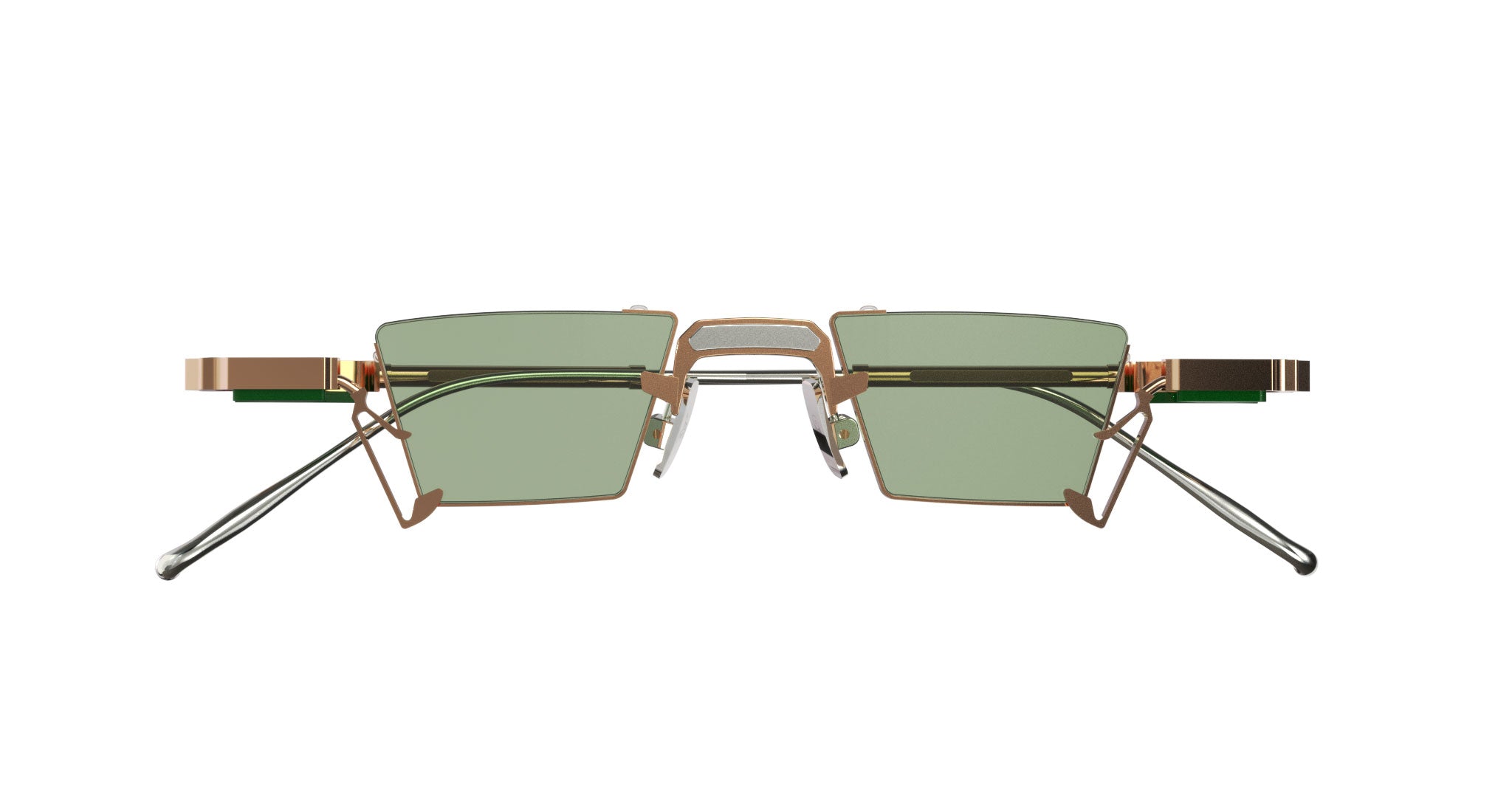 Front-facing view of VOA Collective Apollo 17 in Aerosphere, showcasing the angular rectangular lenses with inward-tapered lines, dual-tone metal frame, architectural bridge detail, and green-tinted flat lenses.