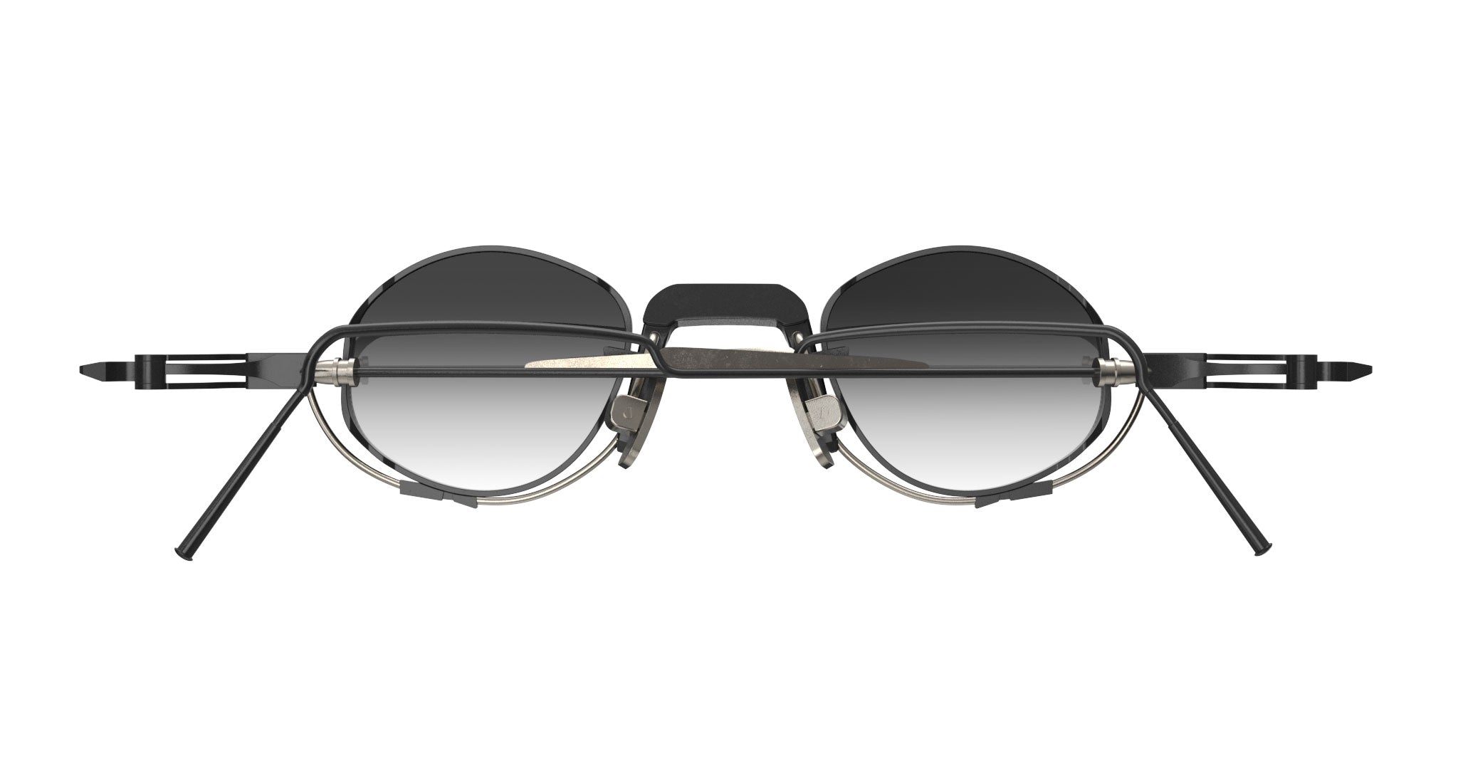 The VOA Nivara sunglasses feature a round metal frame, black color, dark gradient lenses, thick nose bridge, and side shields—photographed front-on against a white background for a bold minimalist look.