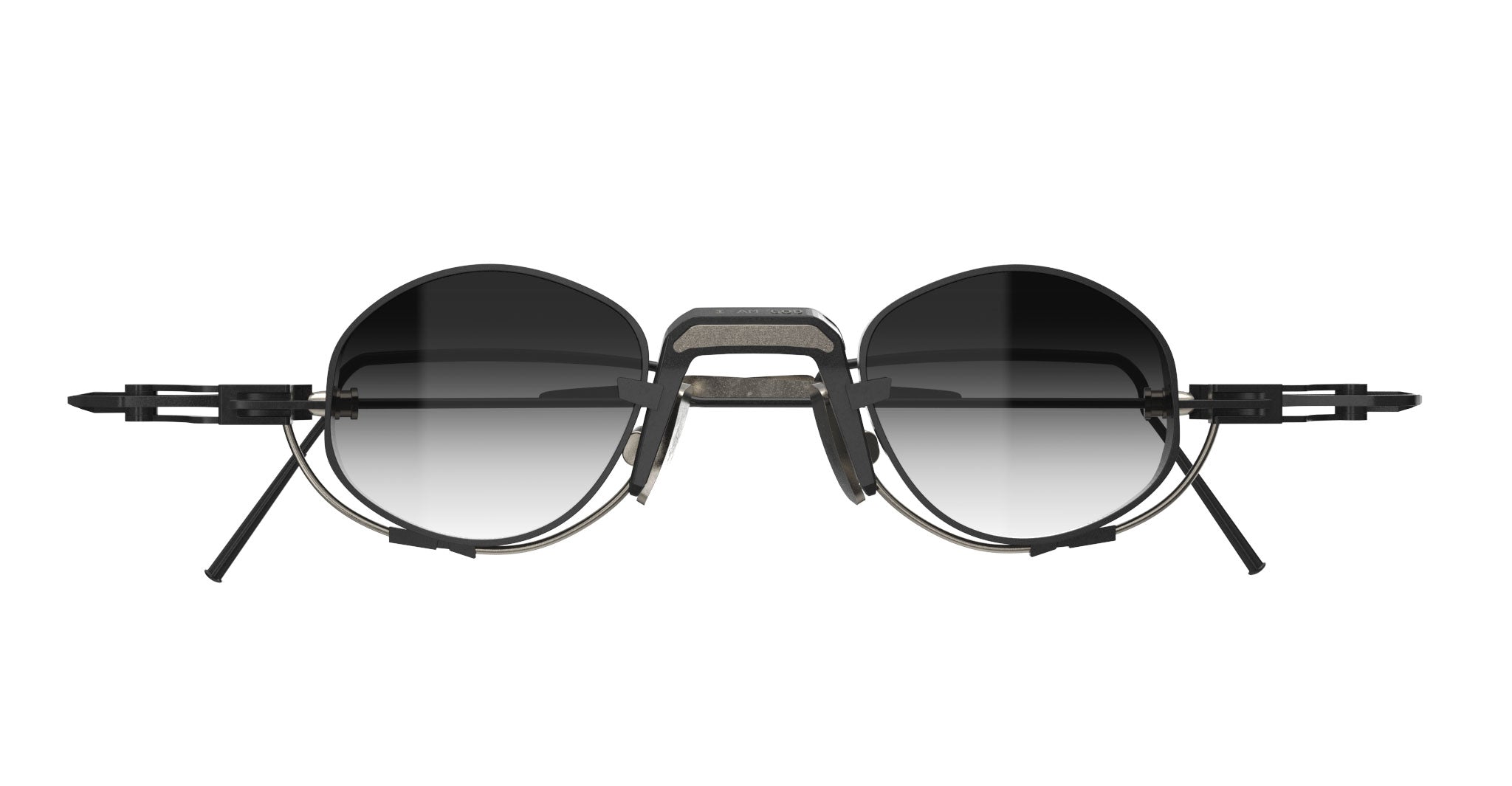The VOA Nivara sunglasses feature a round, black and silver frame with dark gradient lenses, a unique geometric metal bridge, and modern detailing on the temples, shown against a white background.