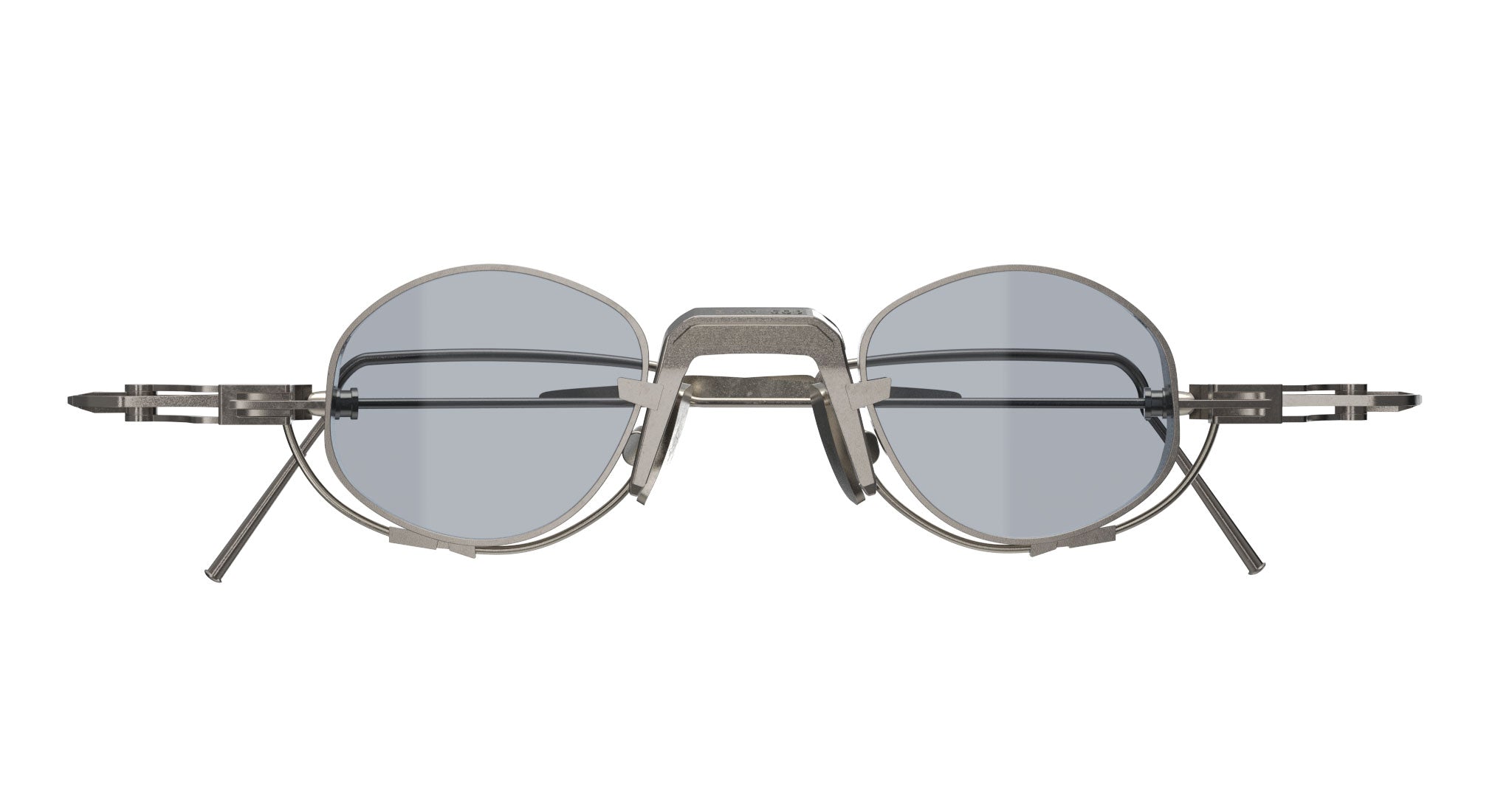 Front view of VOA Nivara round metal frame sunglasses with blue-tinted lenses and a geometric bridge—minimalist, elegant eyewear set against a white background.