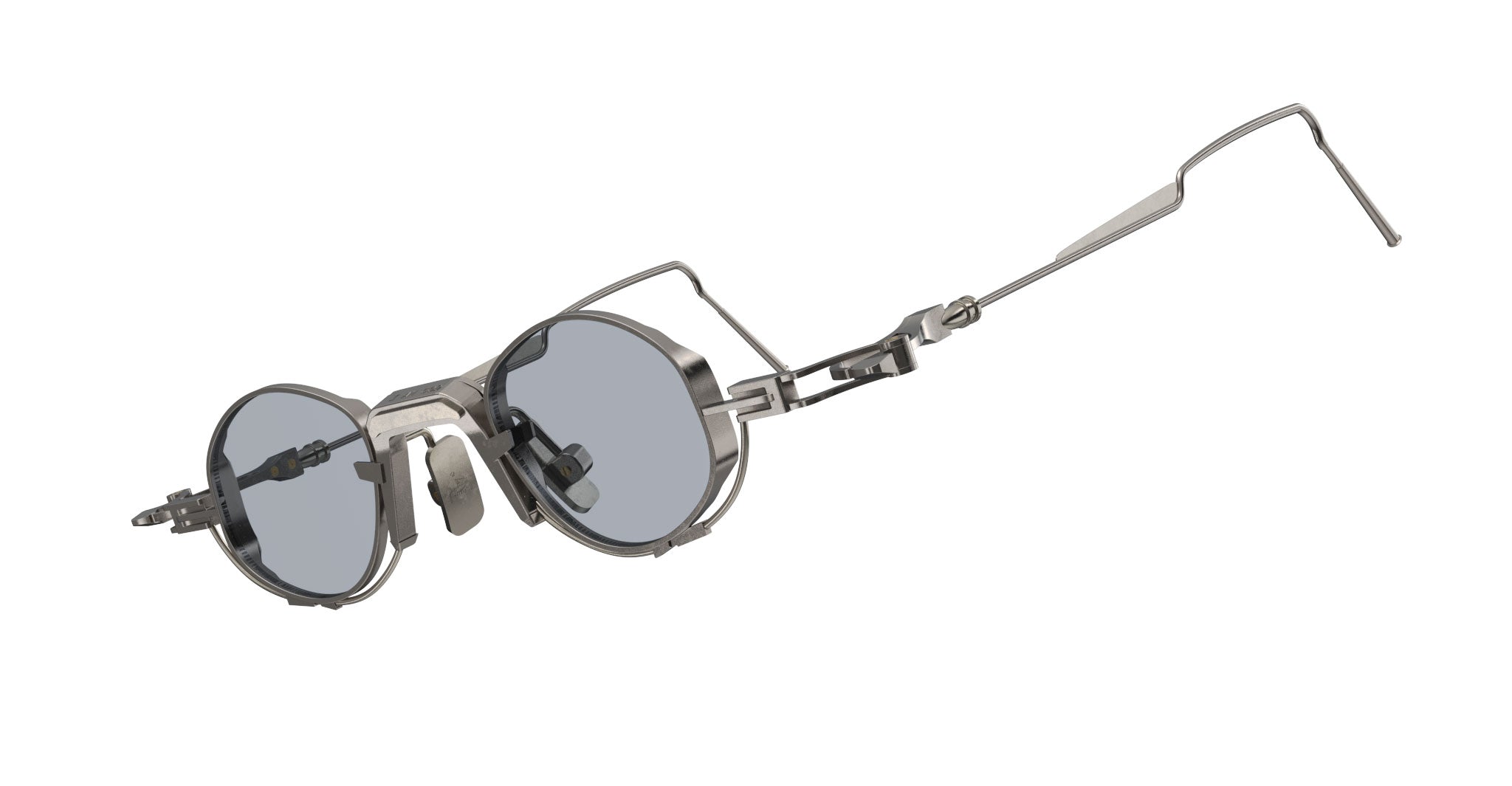 The VOA Nivara features round, silver-rimmed steampunk-style sunglasses with blue-tinted lenses, intricate metal details, a unique round frame, and angular temples, shown on a white background.