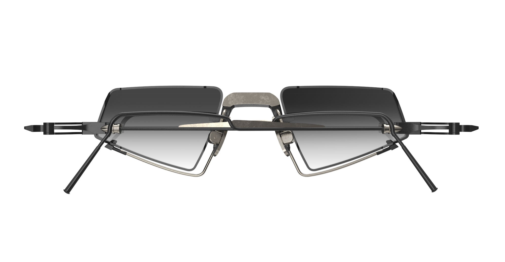 The VOA Padma eyeglasses showcase a minimalist design with rectangular dark-tinted lenses above frameless gradient lenses, complemented by a metallic bridge and angular arms for a modern, unique look.