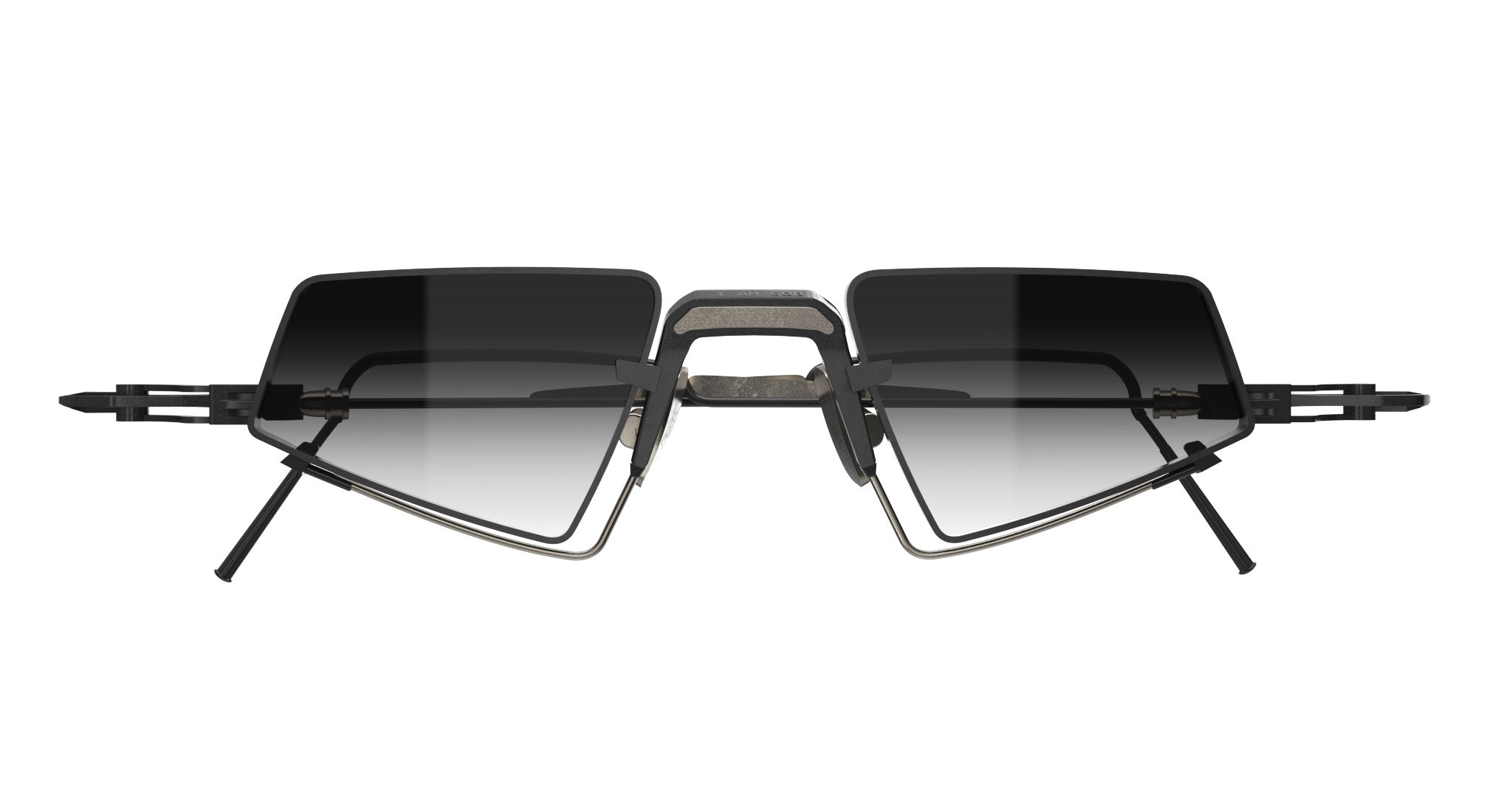 The VOA Padma is a minimalist, handcrafted Japanese eyeglass frame featuring rectangular, geometric black frames, dark gradient lenses, and thin angular metal arms in a futuristic industrial design against a white background.