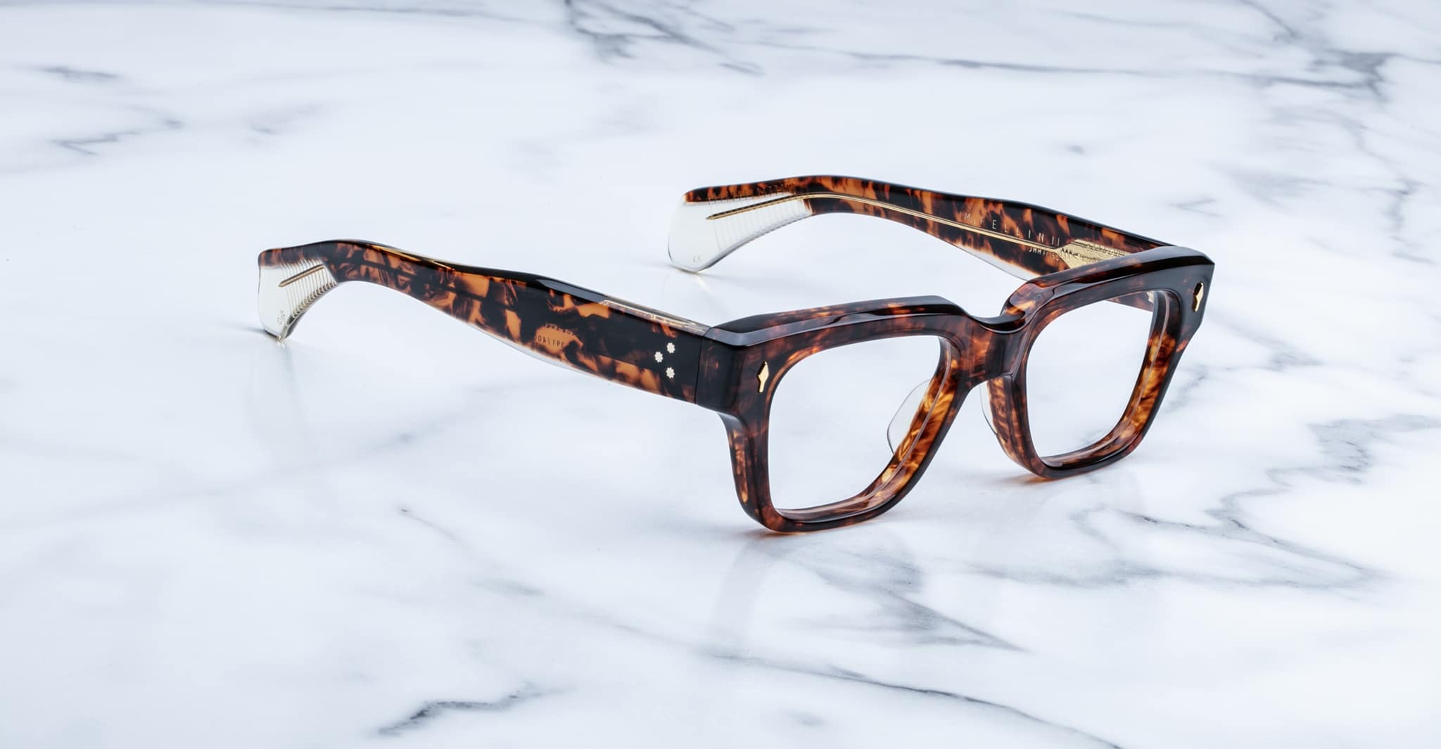 Jacques Marie Mage Fellini rectangular tortoiseshell acetate eyeglasses displayed from above.