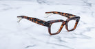 Jacques Marie Mage Fellini rectangular tortoiseshell acetate eyeglasses displayed from above.