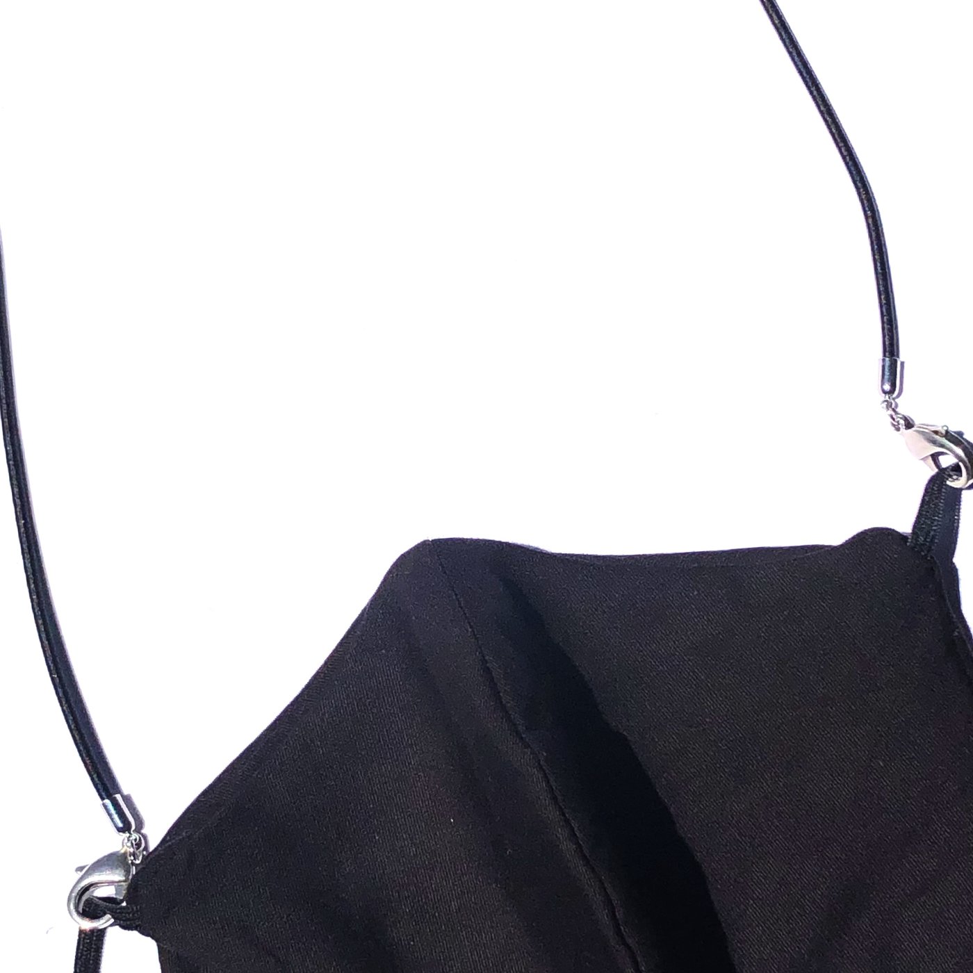 A close-up of a Stretch Cord Necklace Chain for Face Masks with black adjustable ear loops and silver clasps on a white background—ideal for pairing with your mask or as a chic jewelry accessory.