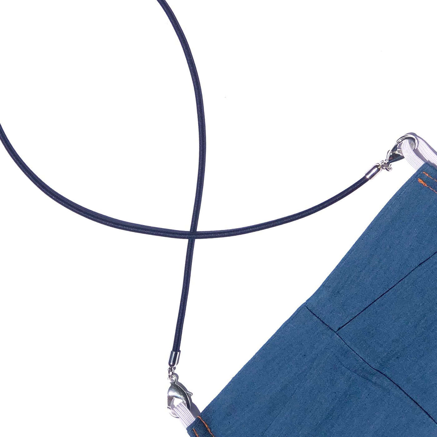 A close-up of the Stretch Cord Necklace Chain for Face Masks in blue fabric with a detachable black strap and silver clasps, ideal as a stylish mask holder or jewelry accessory, displayed against a white background.