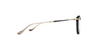 Side view of Matsuda M2056 eyeglasses featuring thin gold engraved titanium temples, a black rounded front frame, and curved earpieces for comfort. Displayed against a white background.