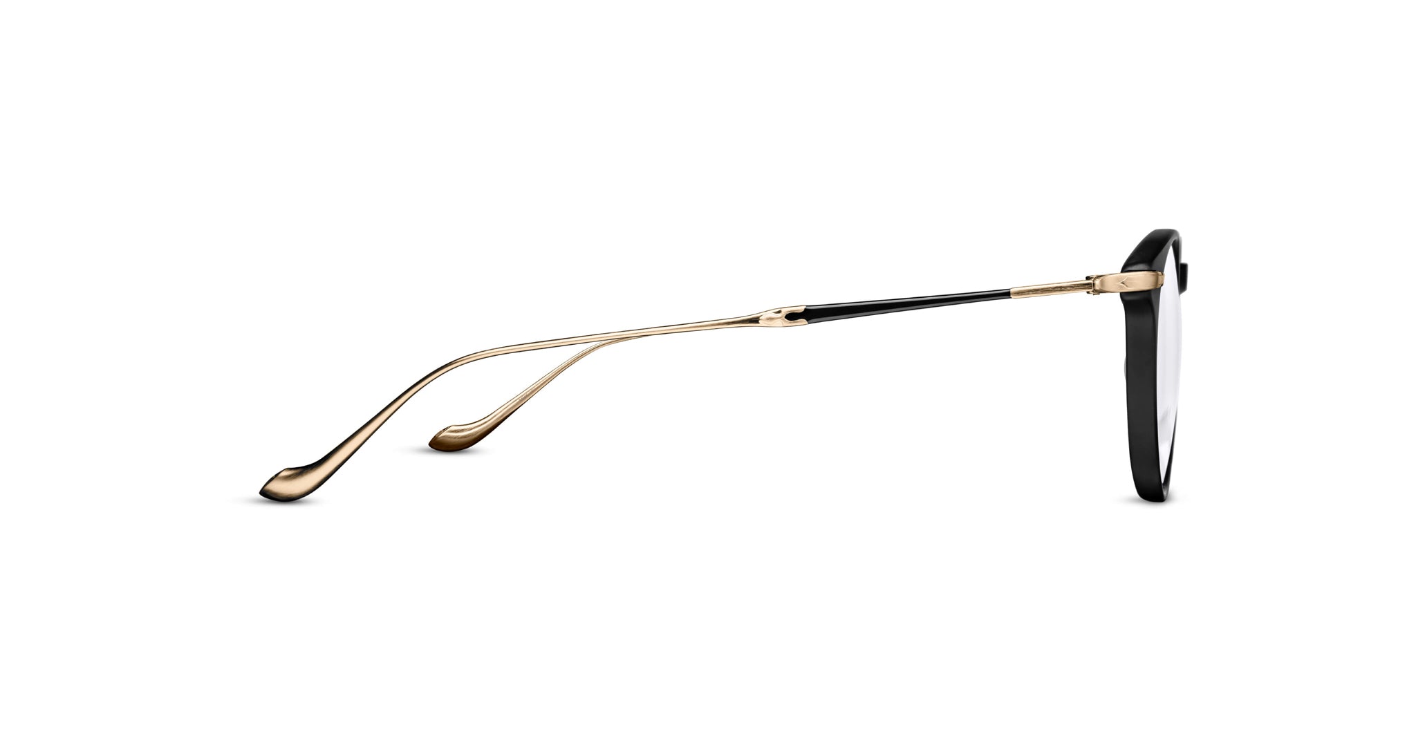 Side view of Matsuda M2056 eyeglasses featuring thin gold engraved titanium temples, a black rounded front frame, and curved earpieces for comfort. Displayed against a white background.