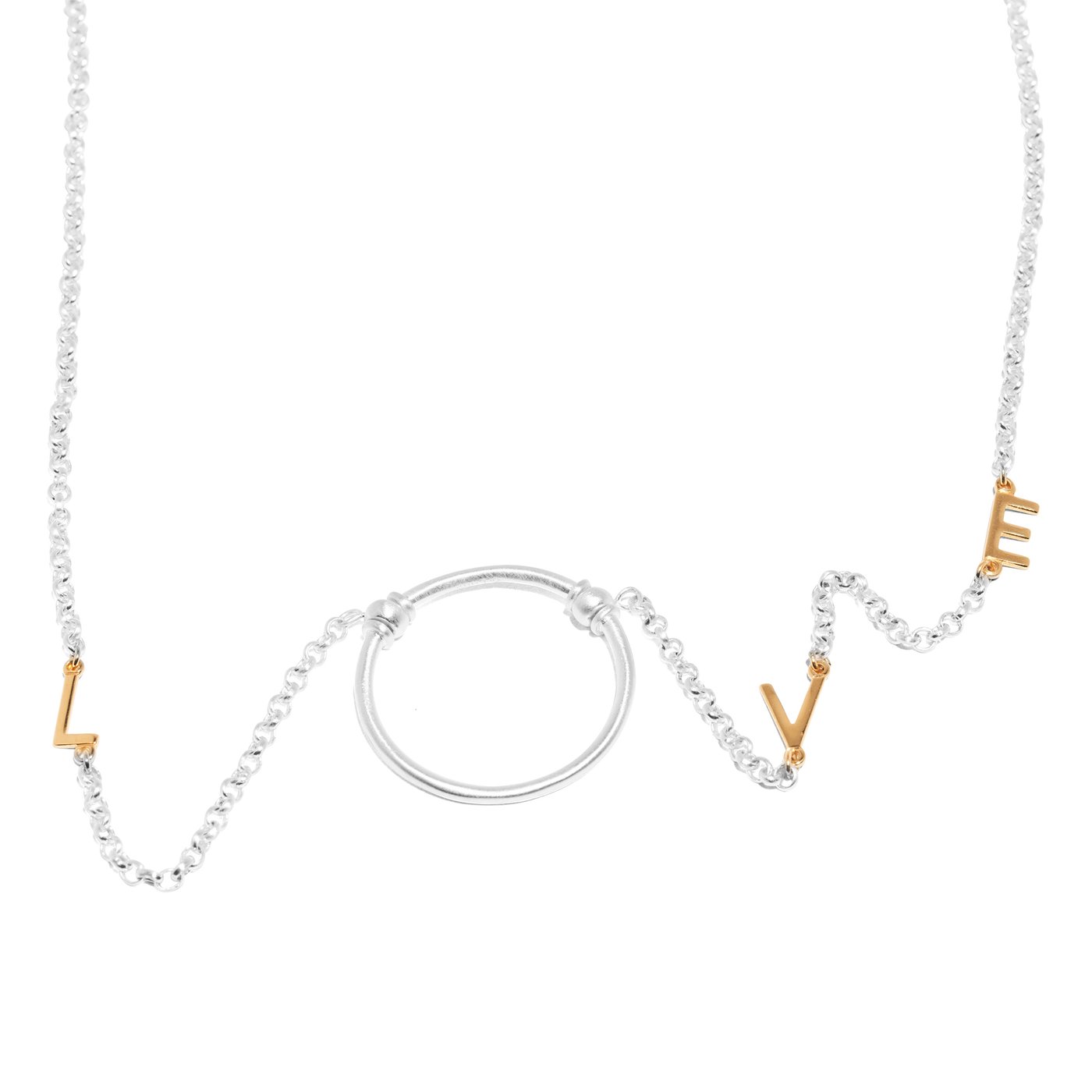 The La Loop Love Letter Eyeglass Necklace features a patented silver chain with gold L, O, V, and E letters spaced along it, spelling LOVE. Its central circular pendant doubles as a stylish glasses holder.