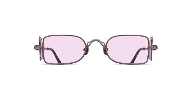 Square sunglasses with thin, dark metal frames and light purple tinted lenses, shown from the front on a white background. The temples have decorative hinge details.