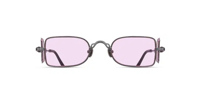 Square sunglasses with thin, dark metal frames and light purple tinted lenses, shown from the front on a white background. The temples have decorative hinge details.