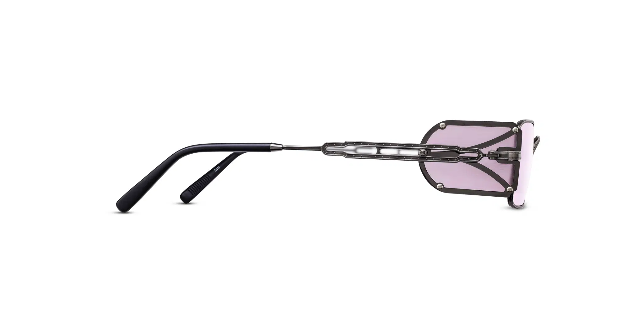 10611h.sg.rtm.48.profile-copy_x2048 Side view of a pair of rimless sunglasses with light purple tinted lenses, dark metal arms, and black earpieces, displayed on a white background.
