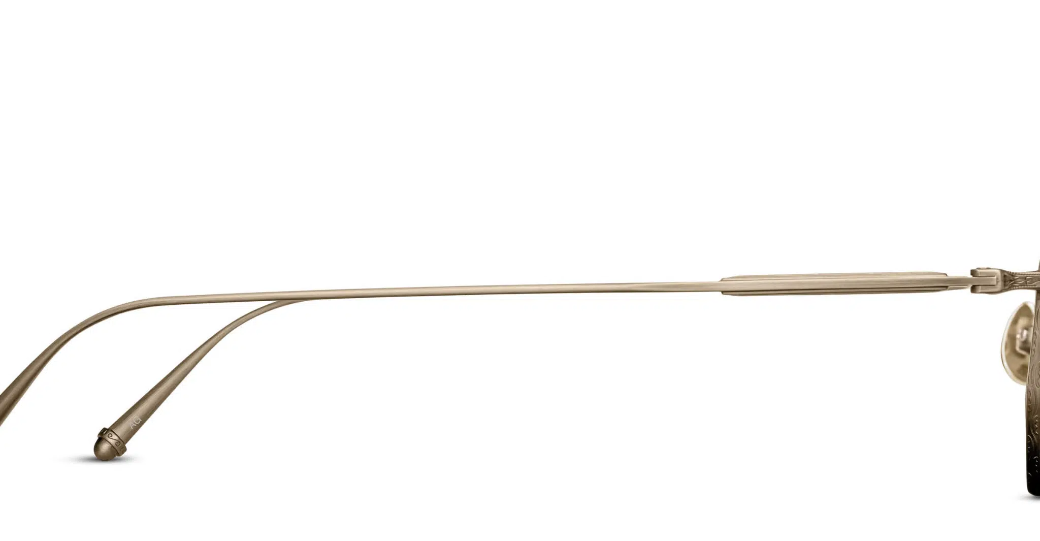 Side view of Matsuda M3086 thin gold metal eyeglasses with clear lenses and straight temples, set against a white background.