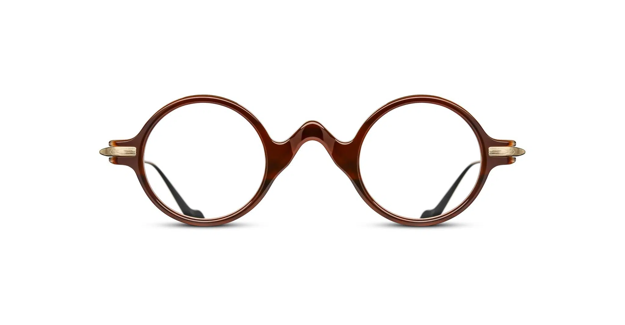 The Matsuda The Lifesaver MXMF1 features round brown frames with a keyhole bridge and gold hinge accents, shown against a white background.