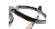 Close-up of the Kuboraum Q3 black eyeglasses’ corner, highlighting the glossy frame, clear lens, and part of the temple arm with measurement details visible against a white background.