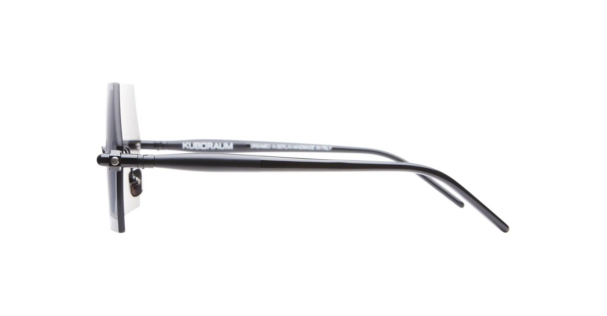 Side view of Kuboraum P90 black eyeglasses with rectangular lenses and straight temples, featuring the KUBORAUM logo in white on the left temple against a plain white background.