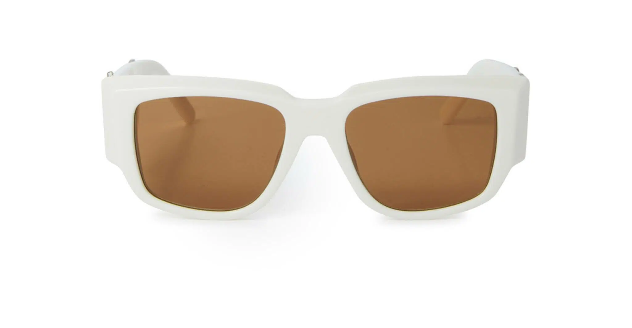 The Palm Angels Laguna sunglasses feature a white rectangular design with thick frames and brown tinted lenses, displayed against a plain white background.
