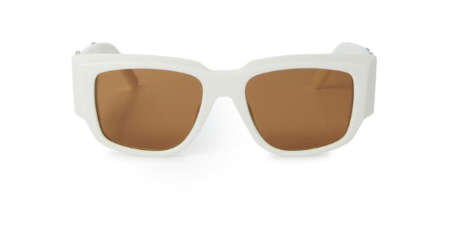 The Palm Angels Laguna sunglasses feature a white rectangular design with thick frames and brown tinted lenses, displayed against a plain white background.