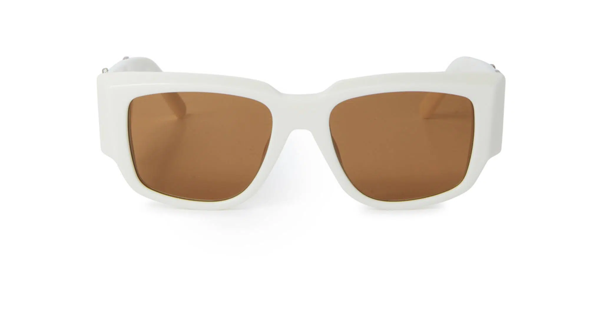 The Palm Angels Laguna sunglasses feature a white rectangular design with thick frames and brown tinted lenses, displayed against a plain white background.