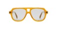 Front view of the Kuboraum Q4 sunglasses, featuring a bold yellow frame, reflective lenses, and a prominent bridge with slightly angular corners for a modern, sporty style.